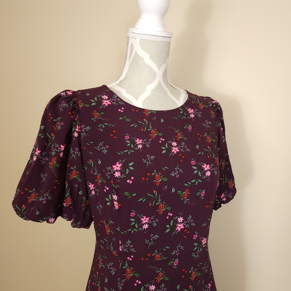 ​NWT Old Navy Floral Maxi Dress Puff Sleeve Cutout Split M Petite Burgundy - Picture 7 of 12